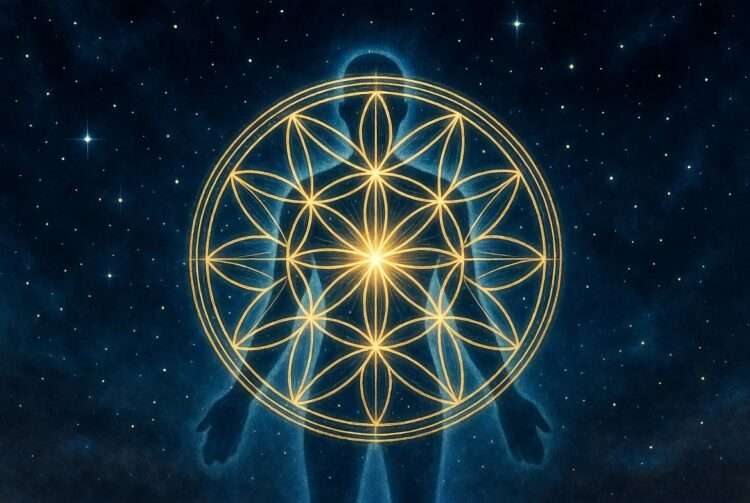 A golden 12-spoked mandala wheel overlaid on a glowing silhouette, representing the astrological houses as a personal operational grid.