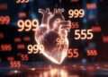 A glowing, cracked glass heart representing heartbreak, surrounded by ethereal floating warning angel numbers 999 and 555 in a moody, dark spiritual aesthetic.