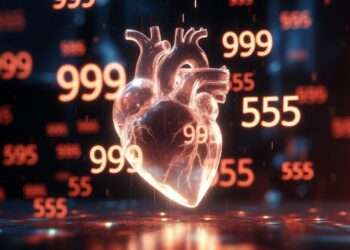 A glowing, cracked glass heart representing heartbreak, surrounded by ethereal floating warning angel numbers 999 and 555 in a moody, dark spiritual aesthetic.