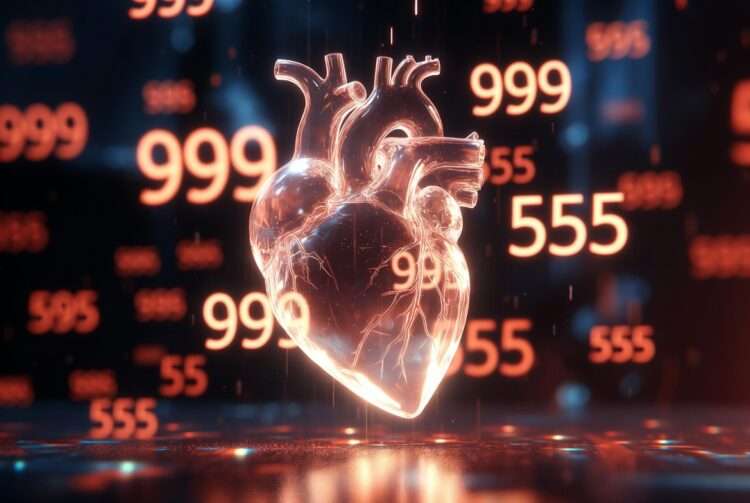 A glowing, cracked glass heart representing heartbreak, surrounded by ethereal floating warning angel numbers 999 and 555 in a moody, dark spiritual aesthetic.
