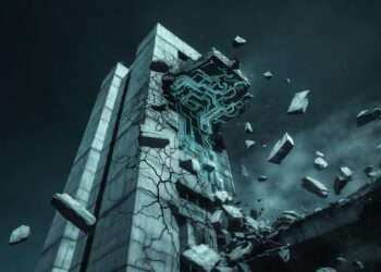 A brutalist concrete monument cracking apart to reveal a glowing blue circuit grid underneath, representing the slow institutional demolition caused by Pluto in Aquarius.