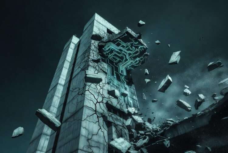 A brutalist concrete monument cracking apart to reveal a glowing blue circuit grid underneath, representing the slow institutional demolition caused by Pluto in Aquarius.