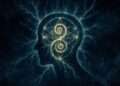A glowing silhouette of a head containing two intertwined golden spirals crackling with lightning-fine linework, representing the cognitive overload of Uranus in Gemini.