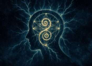 A glowing silhouette of a head containing two intertwined golden spirals crackling with lightning-fine linework, representing the cognitive overload of Uranus in Gemini.