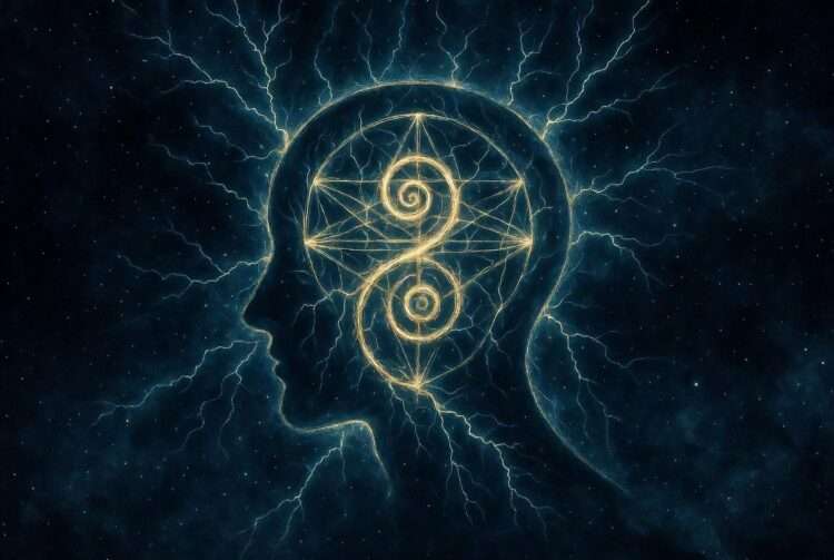 A glowing silhouette of a head containing two intertwined golden spirals crackling with lightning-fine linework, representing the cognitive overload of Uranus in Gemini.