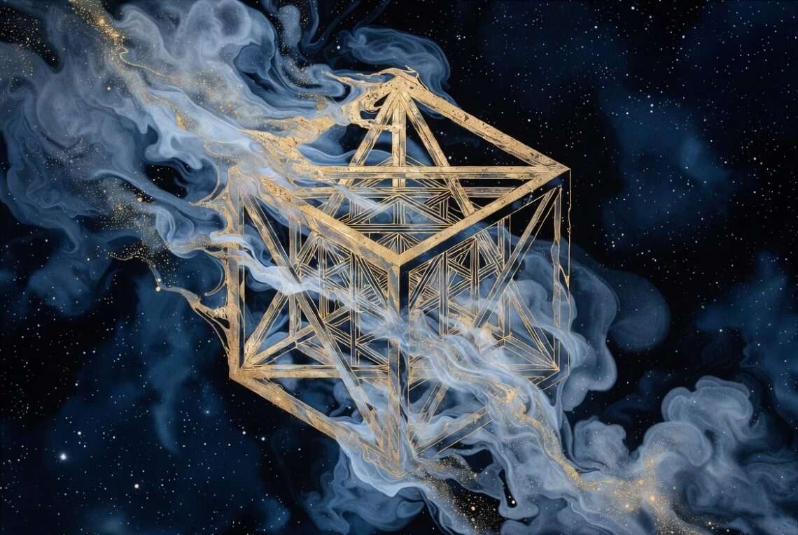 A rigid golden geometric cube dissolving into soft mist against a starry sky, representing the collision of structure and illusion in the Saturn Neptune conjunction.