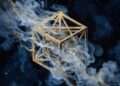 A rigid golden geometric cube dissolving into soft mist against a starry sky, representing the collision of structure and illusion in the Saturn Neptune conjunction.