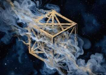 A rigid golden geometric cube dissolving into soft mist against a starry sky, representing the collision of structure and illusion in the Saturn Neptune conjunction.