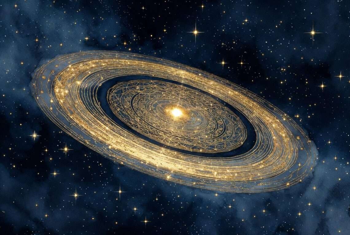 Concentric golden rings encircling a small glowing seed of light against a starry sky, representing the 29-year testing cycle of Saturn Return