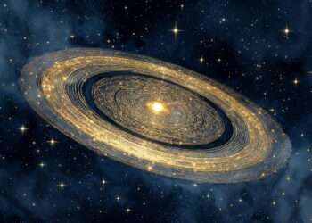 Concentric golden rings encircling a small glowing seed of light against a starry sky, representing the 29-year testing cycle of Saturn Return