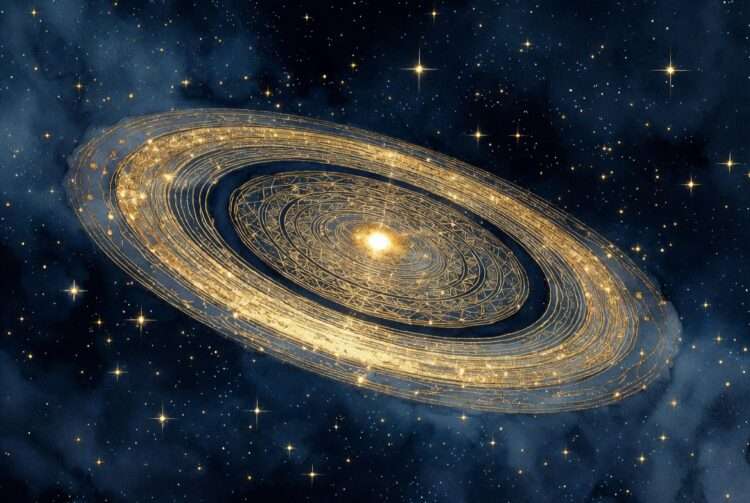 Concentric golden rings encircling a small glowing seed of light against a starry sky, representing the 29-year testing cycle of Saturn Return