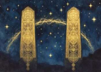 Two golden geometric pillars with an arc of light crackling between them against a starry sky, representing the high-voltage duality of Master Number 11