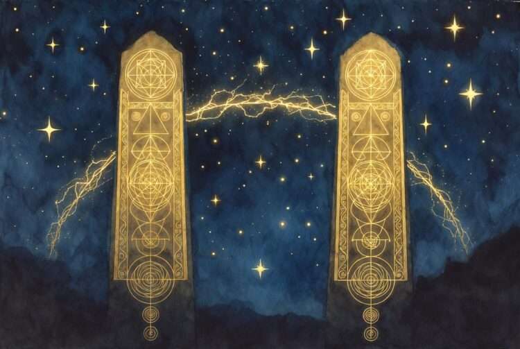 Two golden geometric pillars with an arc of light crackling between them against a starry sky, representing the high-voltage duality of Master Number 11