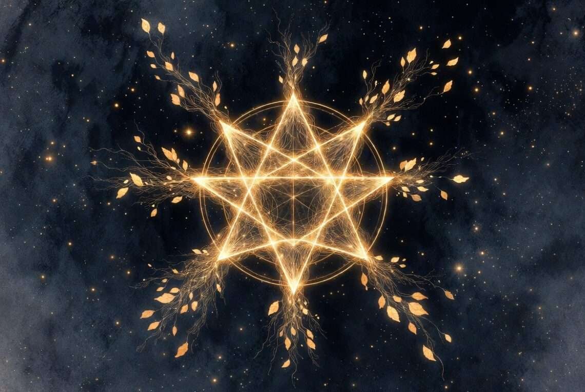 A golden nine-pointed star releasing petal-like fragments of light into a starry sky, representing the release cycle of Personal Year 9.