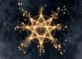 A golden nine-pointed star releasing petal-like fragments of light into a starry sky, representing the release cycle of Personal Year 9.
