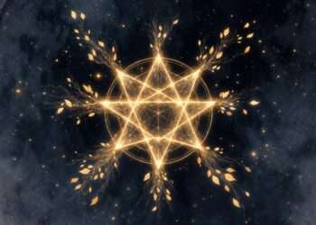 A golden nine-pointed star releasing petal-like fragments of light into a starry sky, representing the release cycle of Personal Year 9.