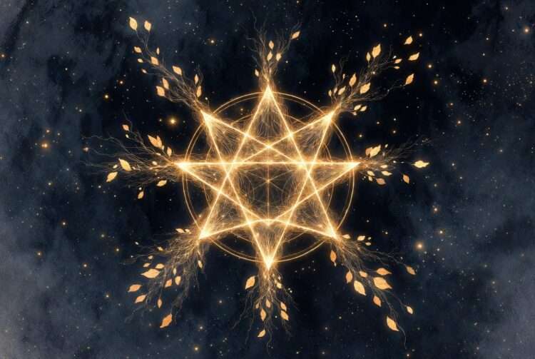 A golden nine-pointed star releasing petal-like fragments of light into a starry sky, representing the release cycle of Personal Year 9.