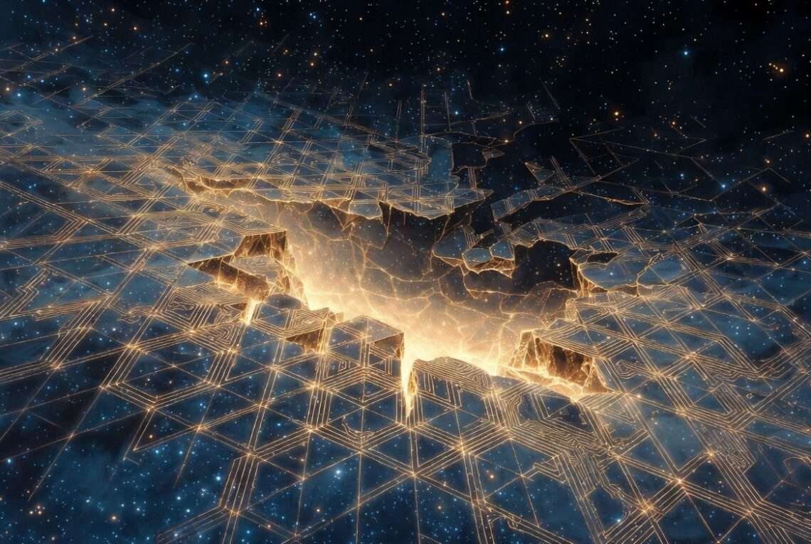 A golden geometric grid fracturing apart against a starry indigo sky, representing the twenty-year structural demolition of Pluto in Aquarius.