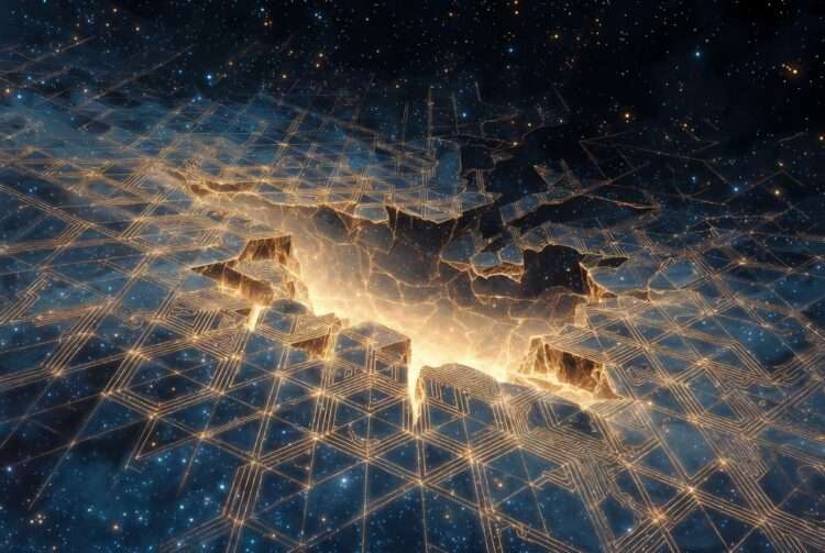 A golden geometric grid fracturing apart against a starry indigo sky, representing the twenty-year structural demolition of Pluto in Aquarius.