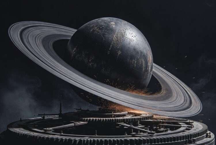 Abstract conceptualization of the Saturn Return meaning, showing a dark structural grid fracturing under planetary pressure to represent a 29-year astrological stress test.