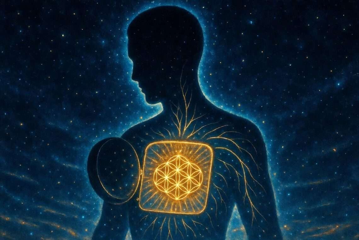 A starlit silhouette with its chest open to reveal a hidden golden Seed of Life pattern glowing within, representing the private carrier wave of the Chaldean Soul Urge Number.