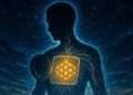 A starlit silhouette with its chest open to reveal a hidden golden Seed of Life pattern glowing within, representing the private carrier wave of the Chaldean Soul Urge Number.