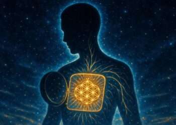 A starlit silhouette with its chest open to reveal a hidden golden Seed of Life pattern glowing within, representing the private carrier wave of the Chaldean Soul Urge Number.
