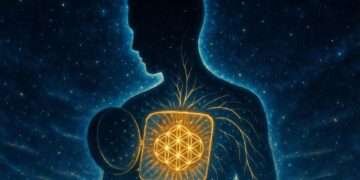 A starlit silhouette with its chest open to reveal a hidden golden Seed of Life pattern glowing within, representing the private carrier wave of the Chaldean Soul Urge Number.
