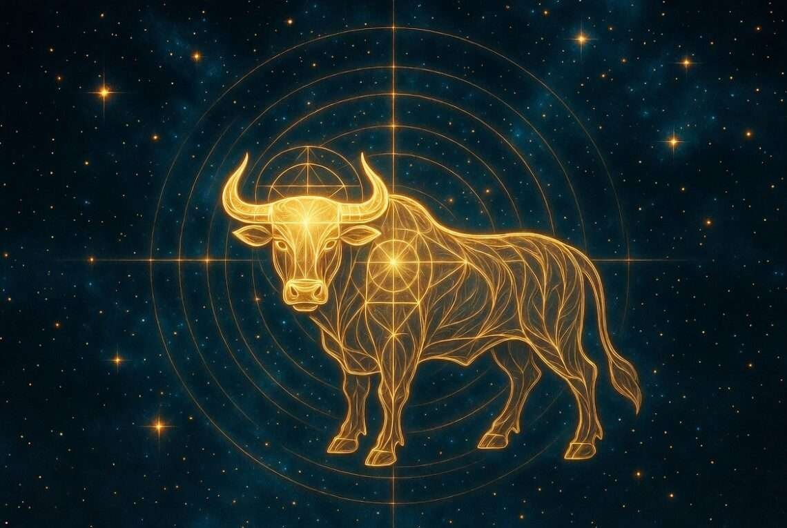 Taurus spirit animal, a golden bull outlined in sacred geometry against a starry indigo sky, radiating slow rings of light from its lowered head.