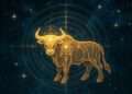 Taurus spirit animal, a golden bull outlined in sacred geometry against a starry indigo sky, radiating slow rings of light from its lowered head.