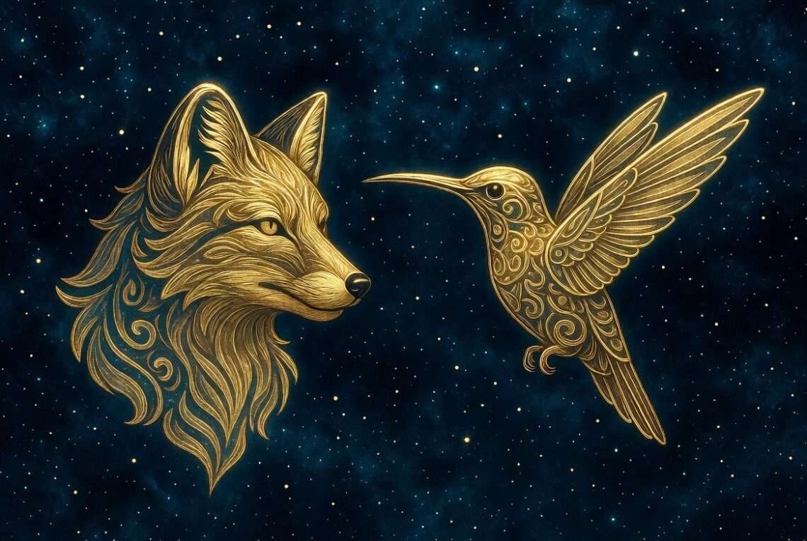 Gemini spirit animal, a golden fox and hummingbird in mirrored symmetry against a starry indigo sky, representing duality.