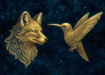 Gemini spirit animal, a golden fox and hummingbird in mirrored symmetry against a starry indigo sky, representing duality.