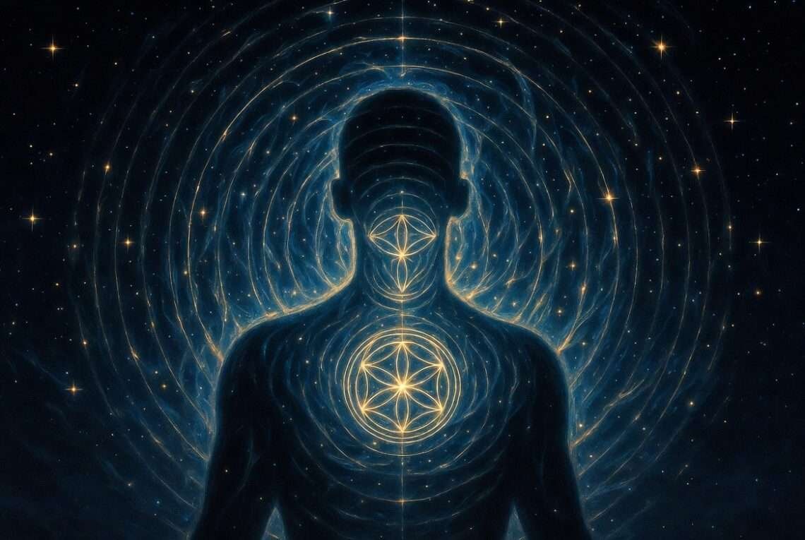 A glowing silhouette radiating golden concentric sacred-geometry rings from its chest and throat into a starry night sky, representing the Chaldean Destiny Number's outward broadcast.
