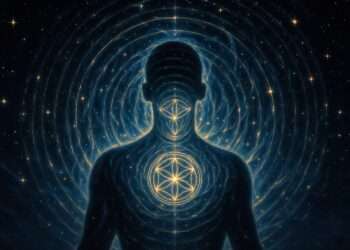 A glowing silhouette radiating golden concentric sacred-geometry rings from its chest and throat into a starry night sky, representing the Chaldean Destiny Number's outward broadcast.