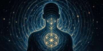 A glowing silhouette radiating golden concentric sacred-geometry rings from its chest and throat into a starry night sky, representing the Chaldean Destiny Number's outward broadcast.