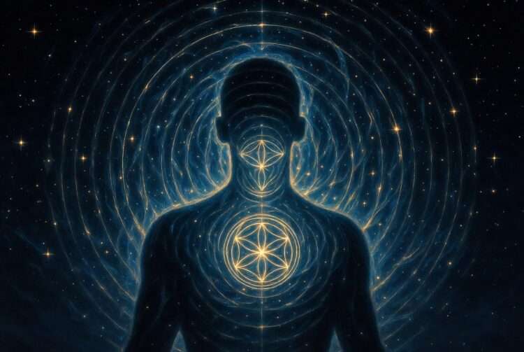 A glowing silhouette radiating golden concentric sacred-geometry rings from its chest and throat into a starry night sky, representing the Chaldean Destiny Number's outward broadcast.
