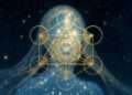 A golden sacred-geometry veil floating before a starlit figure, representing the outer interface people read before the true self underneath is seen.
