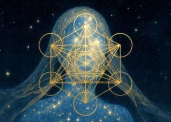 A golden sacred-geometry veil floating before a starlit figure, representing the outer interface people read before the true self underneath is seen.