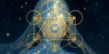 A golden sacred-geometry veil floating before a starlit figure, representing the outer interface people read before the true self underneath is seen.