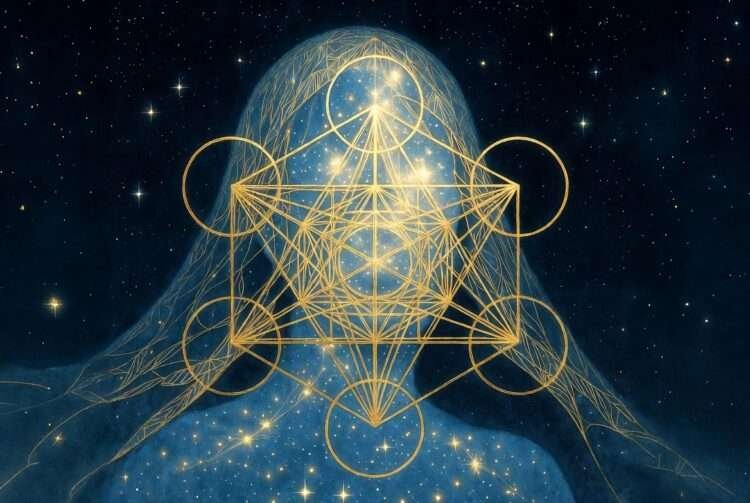 A golden sacred-geometry veil floating before a starlit figure, representing the outer interface people read before the true self underneath is seen.