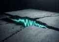 A cracked brutalist concrete slab glowing with a hidden teal waveform signal, representing the private vowel-only carrier wave encoded beneath the Chaldean Soul Urge Number's public broadcast.