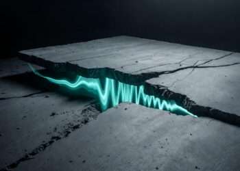 A cracked brutalist concrete slab glowing with a hidden teal waveform signal, representing the private vowel-only carrier wave encoded beneath the Chaldean Soul Urge Number's public broadcast.