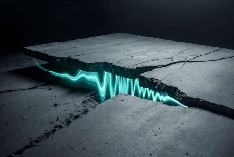 A cracked brutalist concrete slab glowing with a hidden teal waveform signal, representing the private vowel-only carrier wave encoded beneath the Chaldean Soul Urge Number's public broadcast.