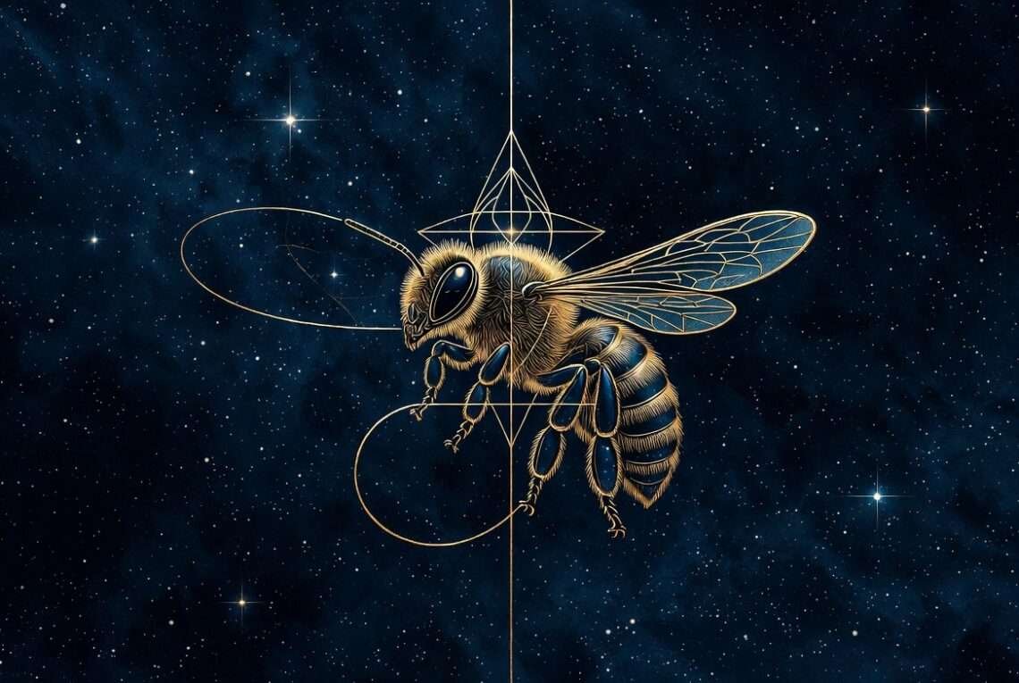 Virgo spirit animal, a golden honeybee tracing a precise figure-eight flight path against a starry indigo sky.