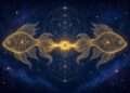 Pisces spirit animal, two golden fish tied by a cord in sacred-geometry linework against a starry indigo sky.