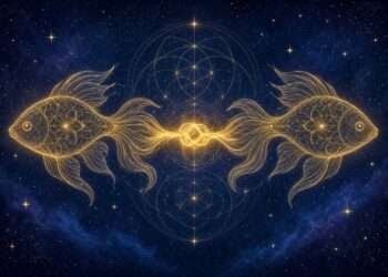 Pisces spirit animal, two golden fish tied by a cord in sacred-geometry linework against a starry indigo sky.