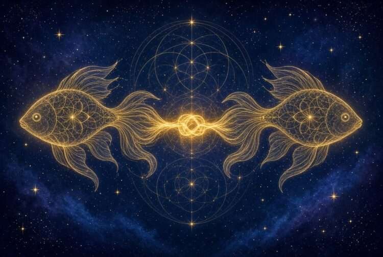 Pisces spirit animal, two golden fish tied by a cord in sacred-geometry linework against a starry indigo sky.