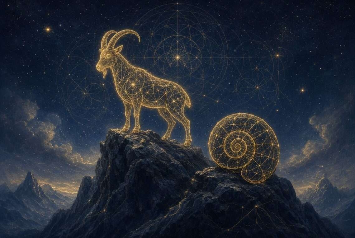 Capricorn spirit animal, a golden mountain goat and tortoise shell in sacred-geometry linework against a starry indigo sky.