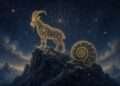 Capricorn spirit animal, a golden mountain goat and tortoise shell in sacred-geometry linework against a starry indigo sky.