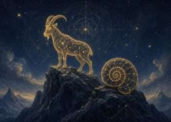 Capricorn spirit animal, a golden mountain goat and tortoise shell in sacred-geometry linework against a starry indigo sky.